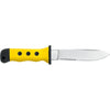 Fixed blade knife with yellow and black handle by MAC Coltellerie, straight edge blade