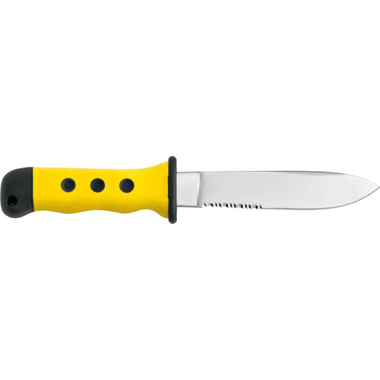 Fixed blade knife with yellow and black handle by MAC Coltellerie, straight edge blade