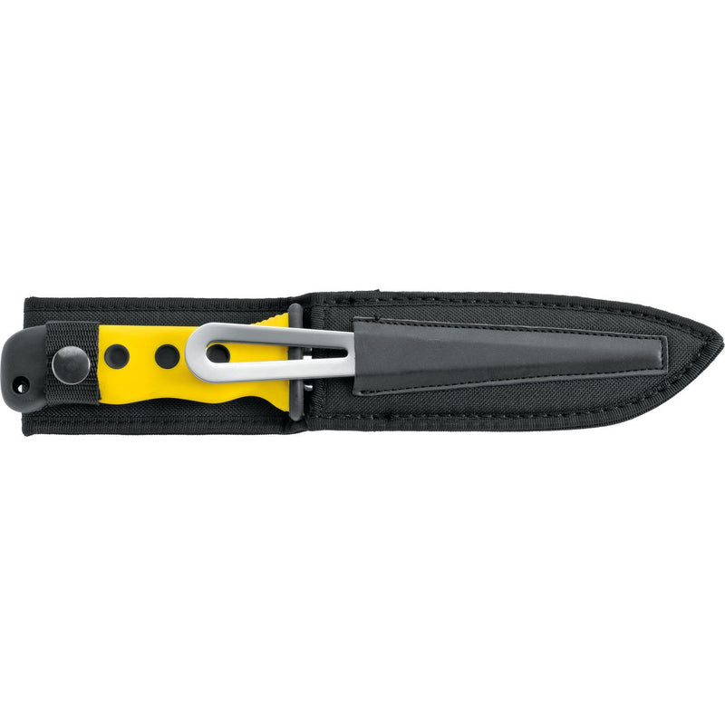 Fixed blade knife with yellow and black handle by MAC Coltellerie in black nylon sheath