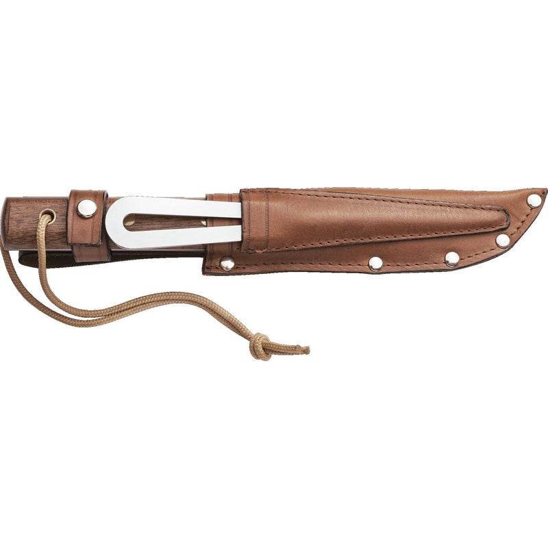 Fixed blade knife with wooden handle by MAC Coltellerie in brown leather sheath with lanyard