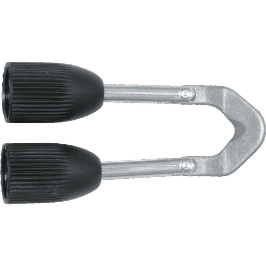 U-shaped knife sharpening guide with black rubber grips and metal frame