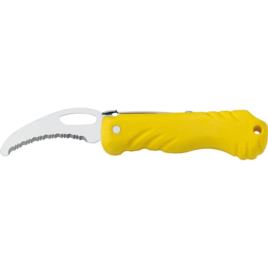 MAC Coltellerie yellow folding utility knife with serrated blade and ergonomic handle