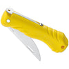 MAC Coltellerie yellow folding utility knife with serrated blade in open position, ergonomic grip design