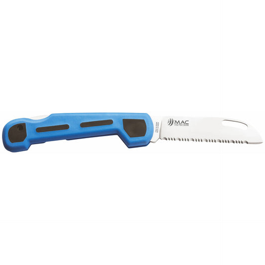 MAC Coltellerie sailing knife with blue ergonomic handle and serrated stainless steel blade with marlinspike