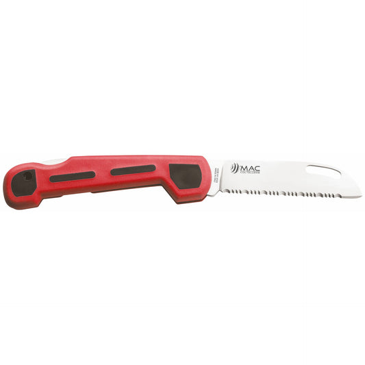 MAC Coltellerie sailing knife with red ergonomic handle and serrated stainless steel blade with marlinspike