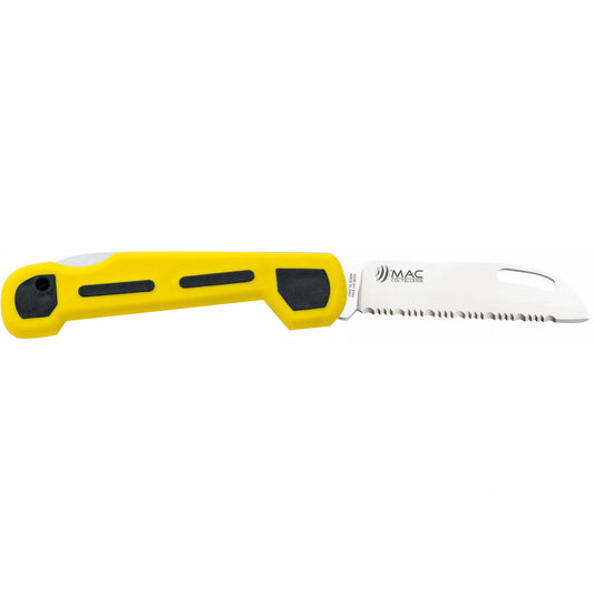 MAC Coltellerie sailing knife with yellow ergonomic handle and serrated stainless steel blade with marlinspike