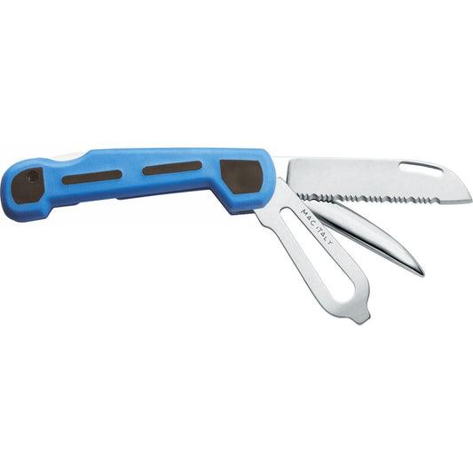 MAC Coltellerie sailing knife with blue handle showing blade and detachable stainless steel marlinspike tool
