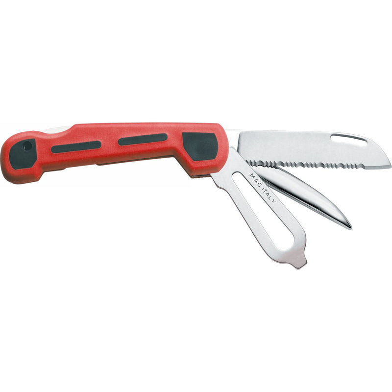 MAC Coltellerie sailing knife with red handle showing blade and detachable stainless steel marlinspike tool