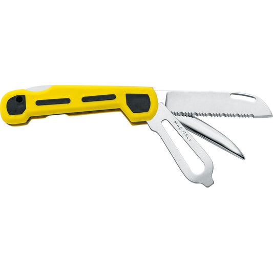 MAC Coltellerie sailing knife with yellow handle showing blade and detachable stainless steel marlinspike tool