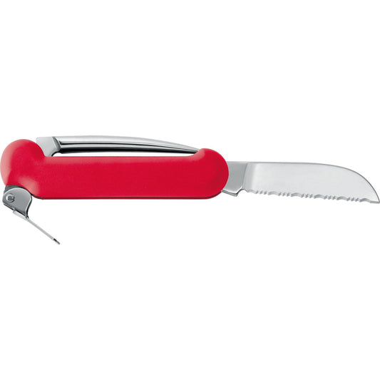 Red handled folding knife with serrated blade by MAC Coltellerie, shown open on white background