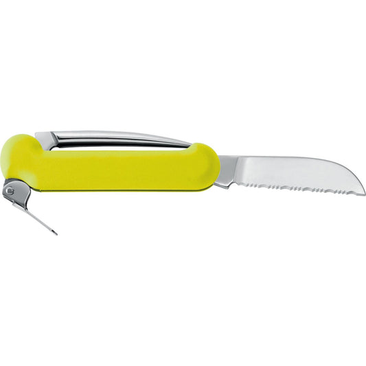 Yellow handled folding knife with serrated blade by MAC Coltellerie, shown open on white background