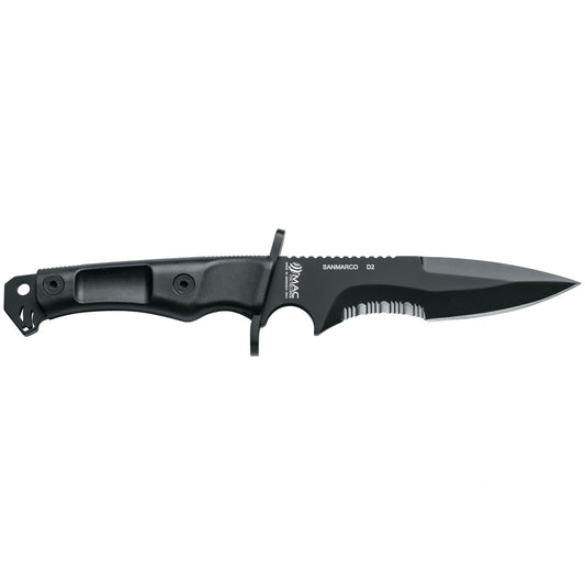 MAC Coltellerie SMD2 tactical knife with black handle and dark blade featuring serrated edge