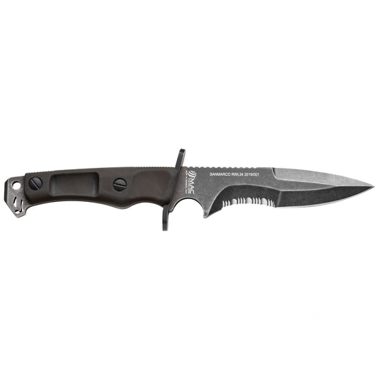MAC Coltellerie tactical knife with black handle and serrated blade edge