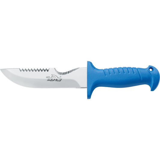 MAC Coltellerie diving knife with stainless steel serrated blade and blue ergonomic handle with finger guard