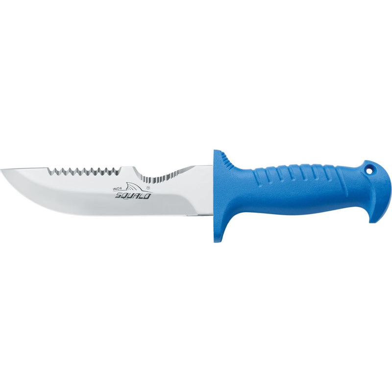 MAC Coltellerie diving knife with stainless steel serrated blade and blue ergonomic handle with finger guard