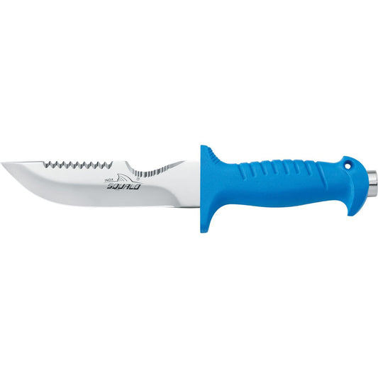MAC Coltellerie diving knife with stainless steel serrated blade and blue ergonomic handle, side profile view