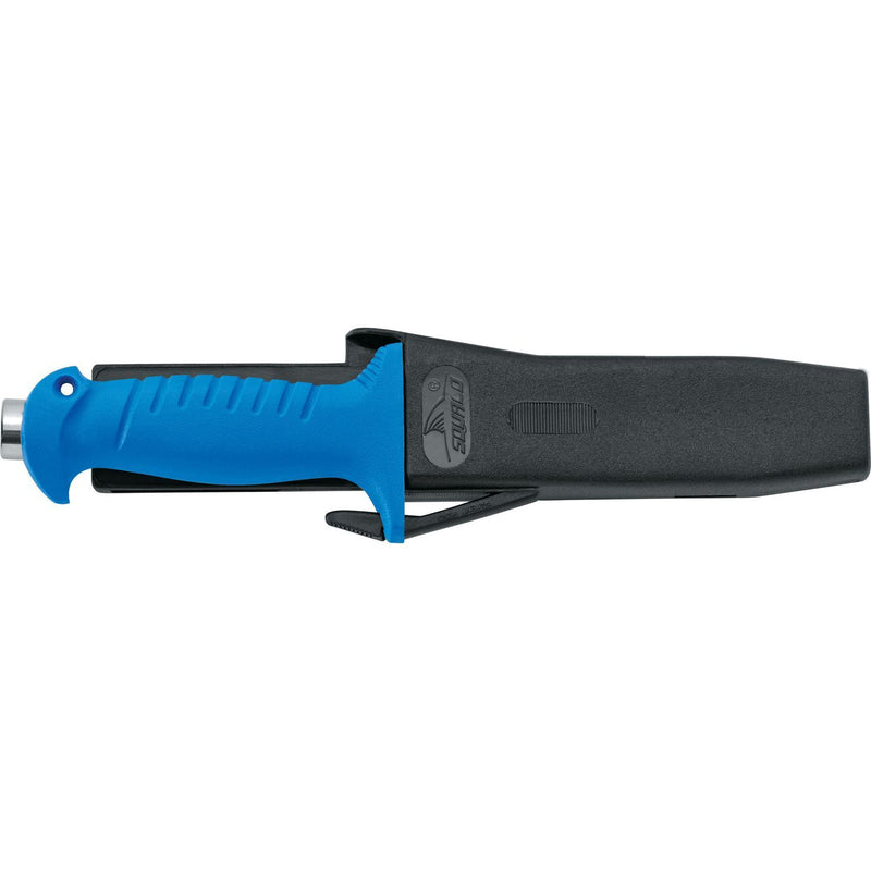 MAC Coltellerie diving knife with blue handle in black polymer sheath with belt clip, side profile view