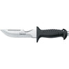 MAC Coltellerie diving knife with stainless steel serrated blade and black ergonomic handle, side profile view