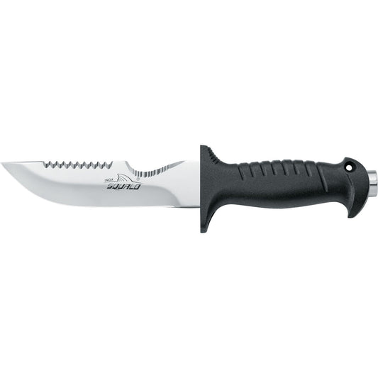 MAC Coltellerie diving knife with stainless steel serrated blade and black ergonomic handle, side profile view