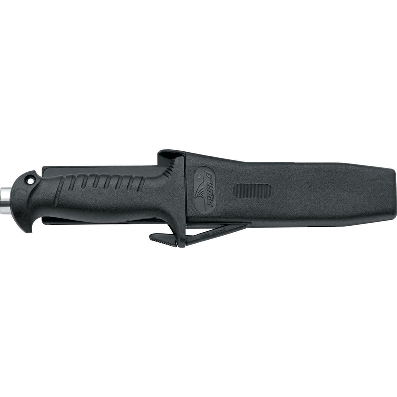 MAC Coltellerie diving knife in black polymer sheath with belt clip, side profile view