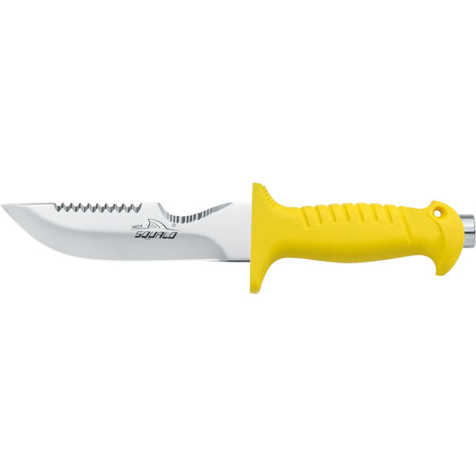 MAC Coltellerie diving knife with yellow ergonomic handle and stainless steel serrated blade