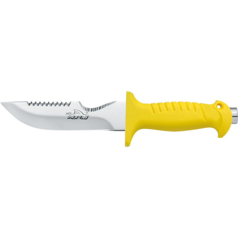 MAC Coltellerie diving knife with yellow ergonomic handle and stainless steel serrated blade