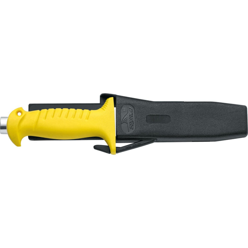 MAC Coltellerie diving knife with yellow handle in black protective sheath with belt attachment
