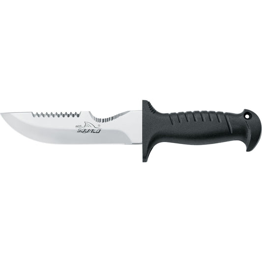 MAC Coltellerie diving knife with stainless steel serrated blade and black ergonomic handle with finger guard