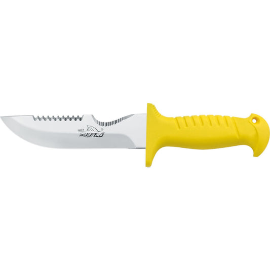 MAC Coltellerie diving knife with stainless steel serrated blade and yellow ergonomic handle with finger guard