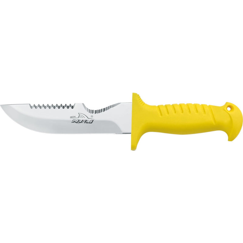 MAC Coltellerie diving knife with stainless steel serrated blade and yellow ergonomic handle with finger guard