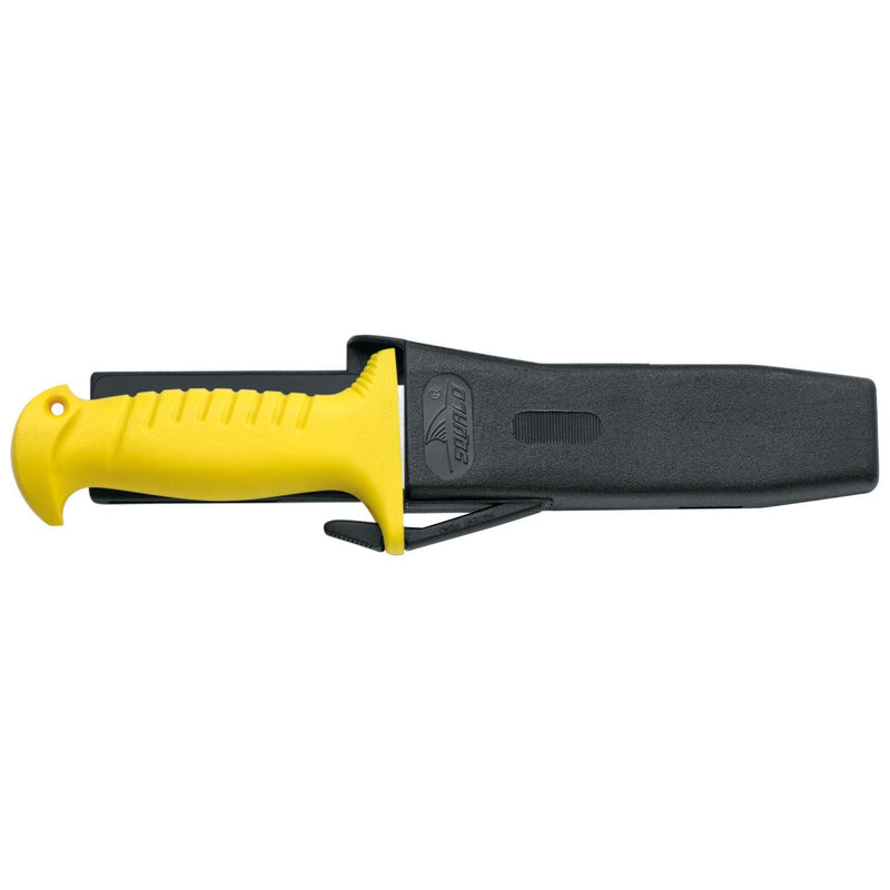 MAC Coltellerie diving knife with yellow handle in black polymer sheath with belt clip and leg strap attachments