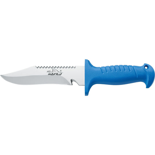 MAC Coltellerie diving knife with blue ergonomic handle and stainless steel serrated blade