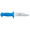 MAC Coltellerie diving knife with blue textured grip handle and stainless steel serrated blade