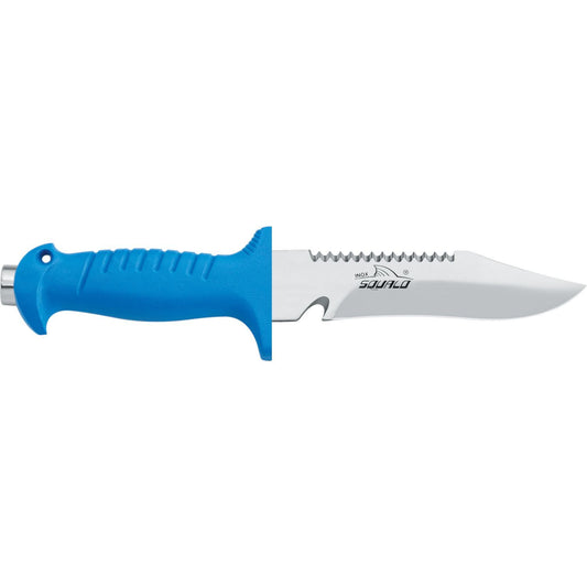 MAC Coltellerie diving knife with blue textured grip handle and stainless steel serrated blade