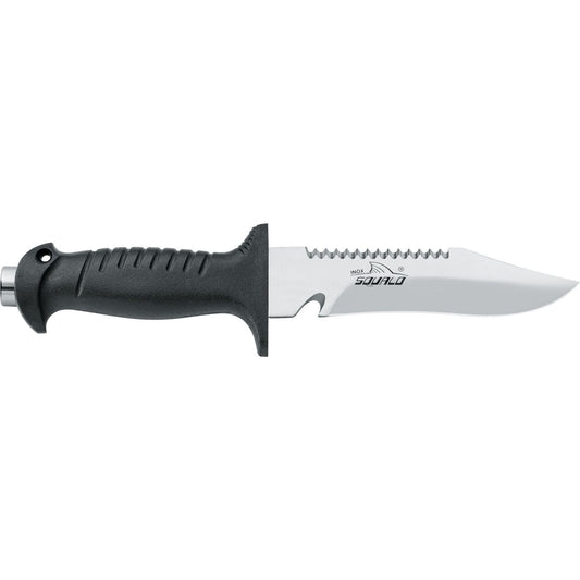 MAC Coltellerie diving knife with black handle and stainless steel serrated blade - horizontal view