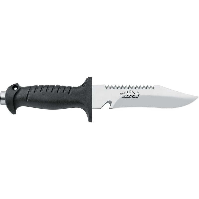 MAC Coltellerie diving knife with black handle and stainless steel serrated blade - horizontal view