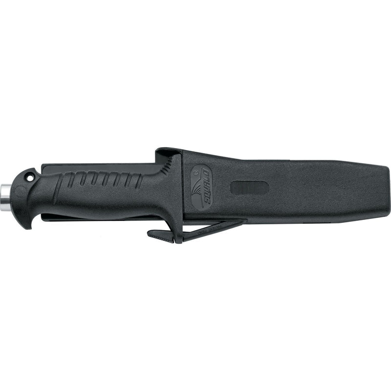 MAC Coltellerie diving knife with black handle in black protective sheath - horizontal view