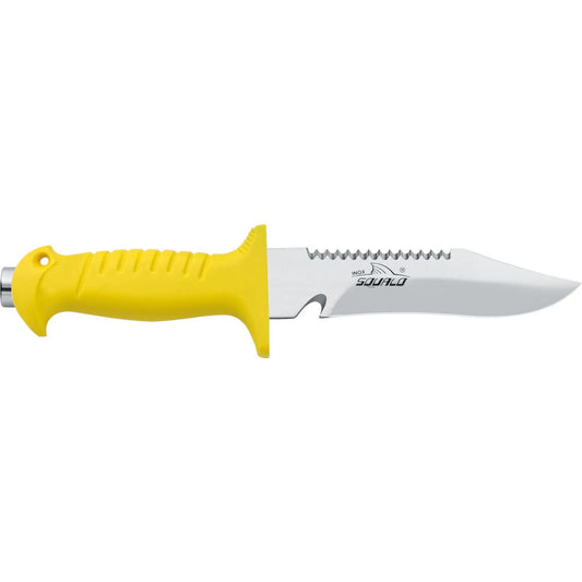 MAC Coltellerie diving knife with yellow textured grip handle and stainless steel serrated blade