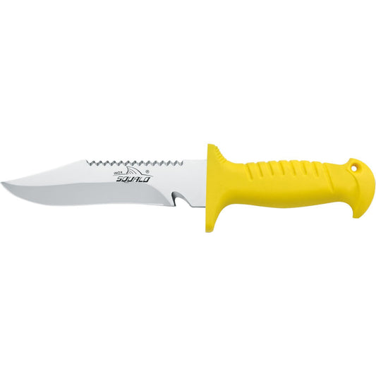MAC Coltellerie diving knife with yellow ergonomic handle and stainless steel serrated blade - alternate view