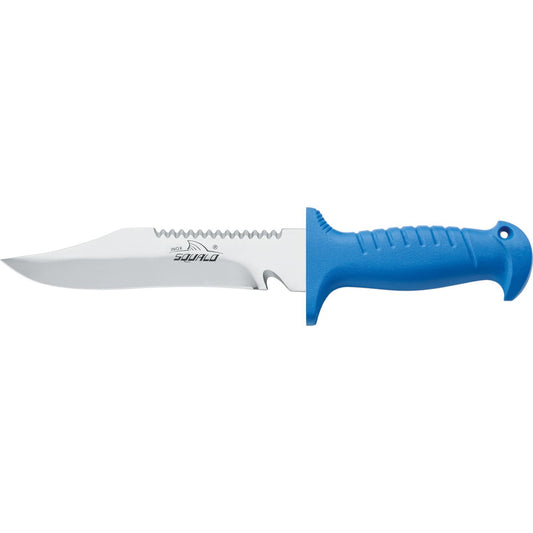 MAC Coltellerie diving knife with blue handle separated from stainless steel serrated blade