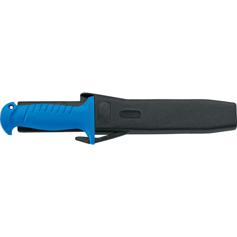 MAC Coltellerie diving knife with blue handle in black sheath, side view