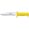 MAC Coltellerie diving knife with yellow handle separated from stainless steel serrated blade