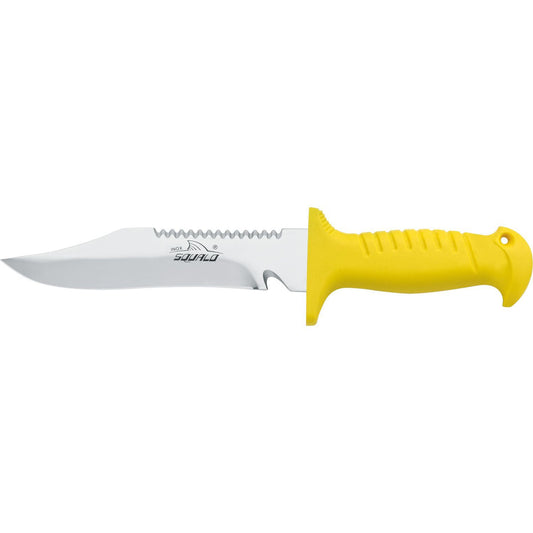 MAC Coltellerie diving knife with yellow handle separated from stainless steel serrated blade