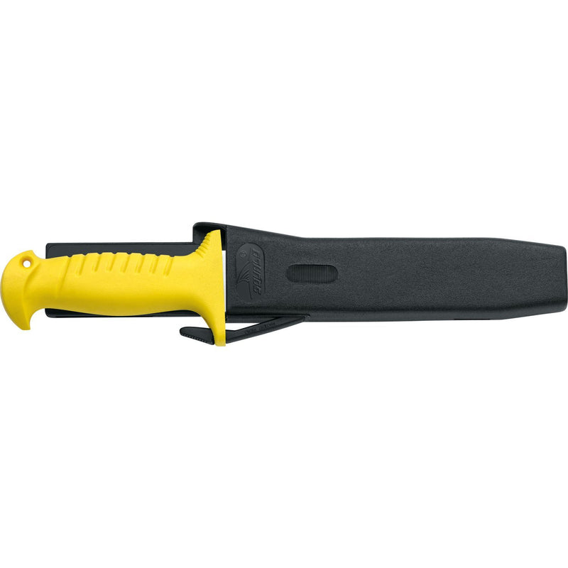 MAC Coltellerie diving knife with yellow handle in black sheath, side view