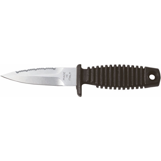 MAC Coltellerie diving knife with black textured grip handle and stainless steel serrated blade, "MADE IN ITALY" marking visible