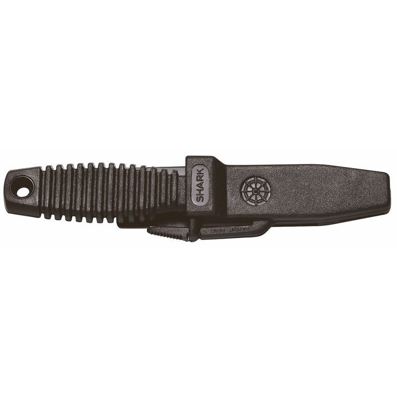 MAC Coltellerie diving knife in black protective sheath with "SHARK" branding and compass rose logo, black handle