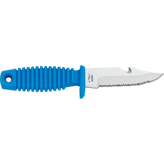 MAC Coltellerie serrated knife with blue ribbed handle and stainless steel blade
