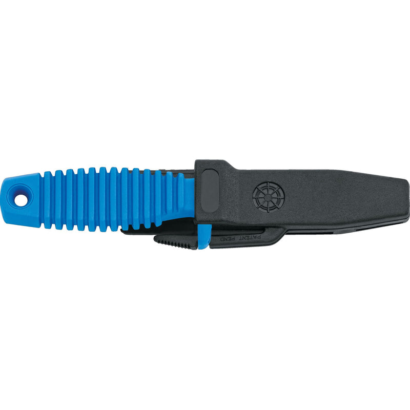 MAC Coltellerie blue handled knife with black sheath featuring SHARK branding and compass logo