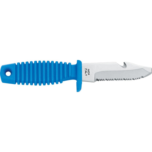 MAC Coltellerie serrated knife with blue ribbed handle and stainless steel blade - profile view