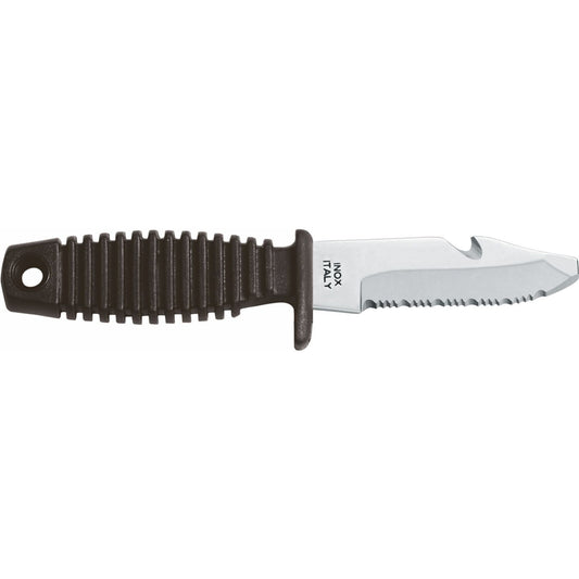MAC Coltellerie serrated knife with black ribbed handle and stainless steel blade - side view